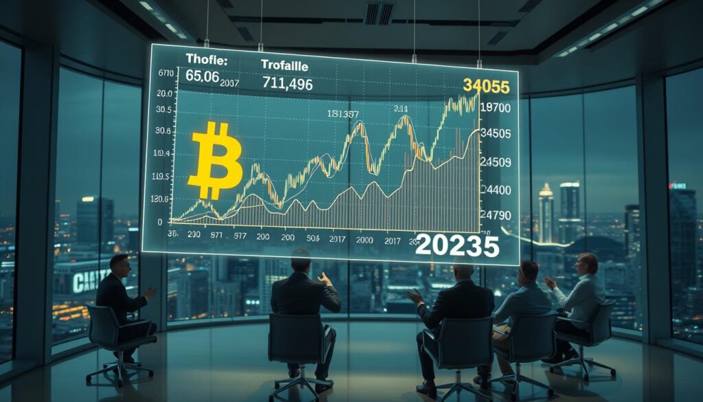 A detailed data visualization depicting an expert analysis of Bitcoin price predictions for the year 2025. The foreground features a large, holographic cryptocurrency chart suspended in mid-air, projecting various price trajectories and forecasts. The middle ground showcases a panel of financial analysts in a high-tech conference room, gesturing to the chart and deep in discussion. The background blends sleek, futuristic architecture with a cityscape skyline, creating an atmosphere of cutting-edge financial technology and authoritative market insights. Soft, directional lighting illuminates the scene, creating depth and drama. The overall impression is one of sophisticated, data-driven foresight regarding the future of the Bitcoin market. A detailed data visualization depicting an expert analysis of Bitcoin price predictions for the year 2025. The foreground features a large, holographic cryptocurrency chart suspended in mid-air, projecting various price trajectories and forecasts. The middle ground showcases a panel of financial analysts in a high-tech conference room, gesturing to the chart and deep in discussion. The background blends sleek, futuristic architecture with a cityscape skyline, creating an atmosphere of cutting-edge financial technology and authoritative market insights. Soft, directional lighting illuminates the scene, creating depth and drama. The overall impression is one of sophisticated, data-driven foresight regarding the future of the Bitcoin market.