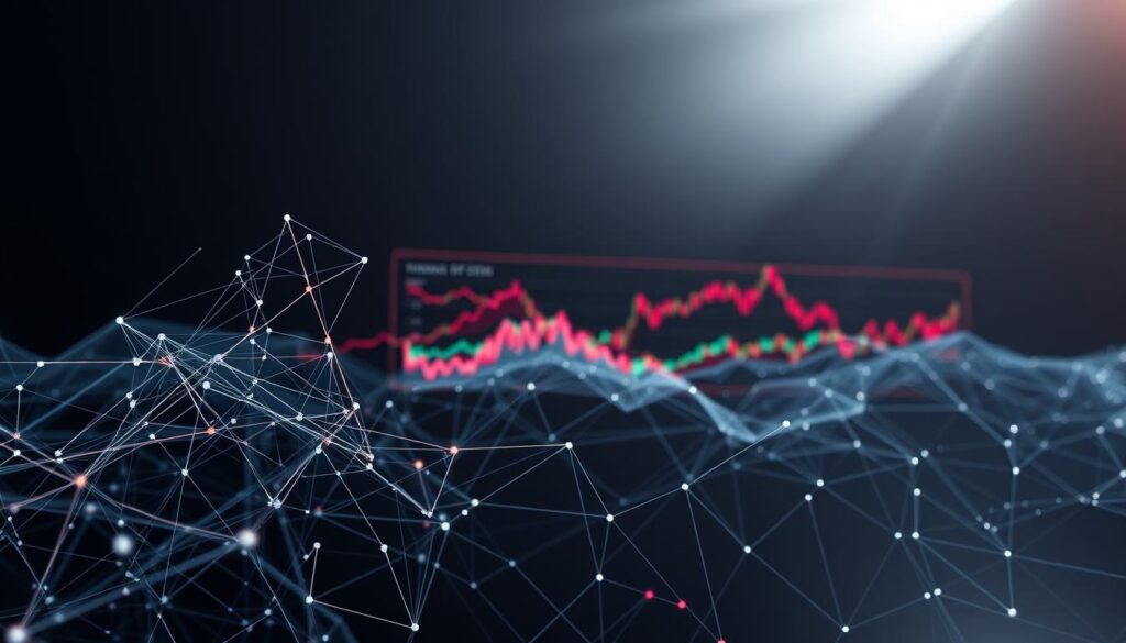 A detailed data visualization of neural network analysis patterns, rendered in a sleek, high-tech style. The foreground features a complex web of interconnected nodes and lines, representing the intricate relationships and information flow within the network. The middle ground showcases vibrant, abstract data visualizations, hinting at the insights and predictions generated by the AI system. The background is a minimalist, monochromatic setting, with subtle hints of metallic textures and soft lighting, creating a sense of depth and technical sophistication. The overall composition conveys the power and precision of AI-driven data analysis in the cryptocurrency market. A detailed data visualization of neural network analysis patterns, rendered in a sleek, high-tech style. The foreground features a complex web of interconnected nodes and lines, representing the intricate relationships and information flow within the network. The middle ground showcases vibrant, abstract data visualizations, hinting at the insights and predictions generated by the AI system. The background is a minimalist, monochromatic setting, with subtle hints of metallic textures and soft lighting, creating a sense of depth and technical sophistication. The overall composition conveys the power and precision of AI-driven data analysis in the cryptocurrency market.