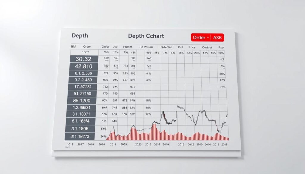 A detailed depth chart displaying the key components: the bid and ask orders, the order book, the order volume, the price levels, and the market depth visualization. The scene is rendered in a clean, minimalist style with a white background, allowing the depth chart elements to stand out. Soft lighting from the top-left creates subtle shadows and highlights, emphasizing the data visualization. The camera angle is positioned slightly above the chart, providing an intuitive view of the various depth chart components. The overall mood is informative and analytical, reflecting the technical nature of the subject matter.