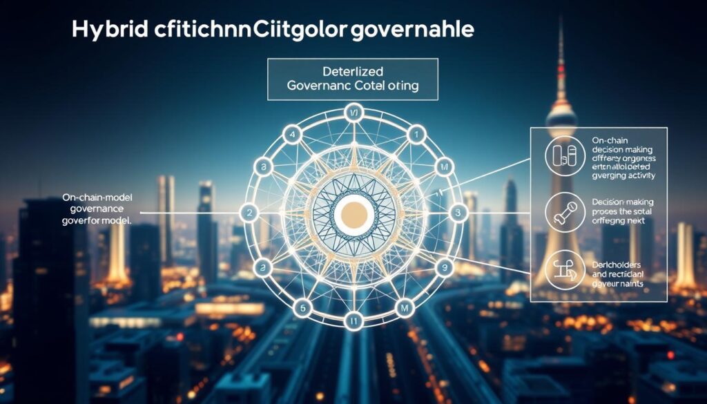 A detailed diagram depicting the interplay of on-chain and off-chain components in a hybrid blockchain governance model. In the foreground, a central hub representing the on-chain governance mechanisms, with various decentralized nodes and sub-networks connected via a web of intricate pathways. In the middle ground, off-chain decision-making processes and stakeholder engagement activities are visualized as a complementary layer, seamlessly integrated with the on-chain framework. The background features a futuristic, minimalist cityscape, symbolizing the broader technological and societal context in which this hybrid model operates, with glowing hues and a sense of dynamism and balance.