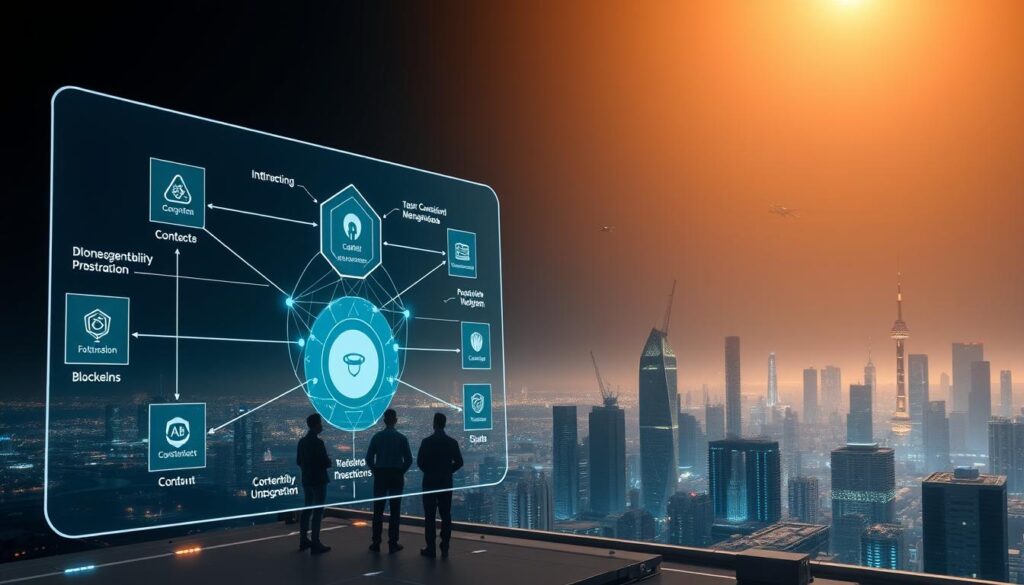 A detailed diagram showcasing the interoperability protocols of various blockchain networks. In the foreground, a sleek holographic interface displays interconnected blockchain systems, their consensus mechanisms, and communication pathways. The middle ground features silhouettes of developers collaborating, surrounded by a web of data streams. In the background, a futuristic cityscape with towering data centers and satellites conveys the global scale of blockchain integration. Warm lighting from above casts an inviting glow, while subtle hints of blue and green hues suggest the harmony of cross-chain compatibility. The overall composition exudes a sense of technological progress and interconnectedness. A detailed diagram showcasing the interoperability protocols of various blockchain networks. In the foreground, a sleek holographic interface displays interconnected blockchain systems, their consensus mechanisms, and communication pathways. The middle ground features silhouettes of developers collaborating, surrounded by a web of data streams. In the background, a futuristic cityscape with towering data centers and satellites conveys the global scale of blockchain integration. Warm lighting from above casts an inviting glow, while subtle hints of blue and green hues suggest the harmony of cross-chain compatibility. The overall composition exudes a sense of technological progress and interconnectedness.