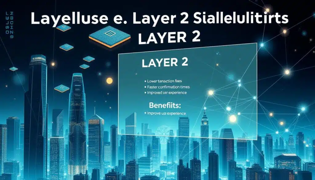 A detailed digital illustration depicting the advantages of Layer 2 blockchain solutions. In the foreground, a futuristic city skyline with towering skyscrapers and floating data structures, representing the scalability and efficiency of Layer 2 networks. In the middle ground, a transparent overlay showcases key benefits such as lower transaction fees, faster confirmation times, and improved user experience. The background features a dynamic, abstract backdrop with glowing geometric shapes and lines, symbolizing the technological advancements and innovation in the Layer 2 ecosystem. The overall composition conveys a sense of progress, connectivity, and the transformative potential of Layer 2 solutions within the cryptocurrency and blockchain space.