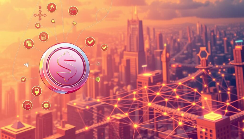 A detailed digital illustration depicting the intricate mechanics of a play-to-earn game's tokenomics. In the foreground, a transparent game token hovers, its value fluctuating dynamically. Surrounding it, an array of interconnected icons representing in-game activities, assets, and rewards. In the middle ground, a stylized blockchain ledger records these transactions, its distributed network visualized as a complex web. The background features a futuristic cityscape, hinting at the game's immersive virtual world. Warm lighting casts a vibrant glow, conveying a sense of energy and possibility. The overall composition suggests the delicate balance and strategic depth of a successful play-to-earn game's tokenomics.