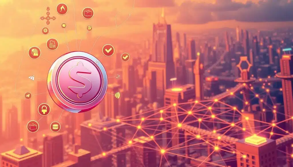 A detailed digital illustration depicting the intricate mechanics of a play-to-earn game's tokenomics. In the foreground, a transparent game token hovers, its value fluctuating dynamically. Surrounding it, an array of interconnected icons representing in-game activities, assets, and rewards. In the middle ground, a stylized blockchain ledger records these transactions, its distributed network visualized as a complex web. The background features a futuristic cityscape, hinting at the game's immersive virtual world. Warm lighting casts a vibrant glow, conveying a sense of energy and possibility. The overall composition suggests the delicate balance and strategic depth of a successful play-to-earn game's tokenomics. A detailed digital illustration depicting the intricate mechanics of a play-to-earn game's tokenomics. In the foreground, a transparent game token hovers, its value fluctuating dynamically. Surrounding it, an array of interconnected icons representing in-game activities, assets, and rewards. In the middle ground, a stylized blockchain ledger records these transactions, its distributed network visualized as a complex web. The background features a futuristic cityscape, hinting at the game's immersive virtual world. Warm lighting casts a vibrant glow, conveying a sense of energy and possibility. The overall composition suggests the delicate balance and strategic depth of a successful play-to-earn game's tokenomics.