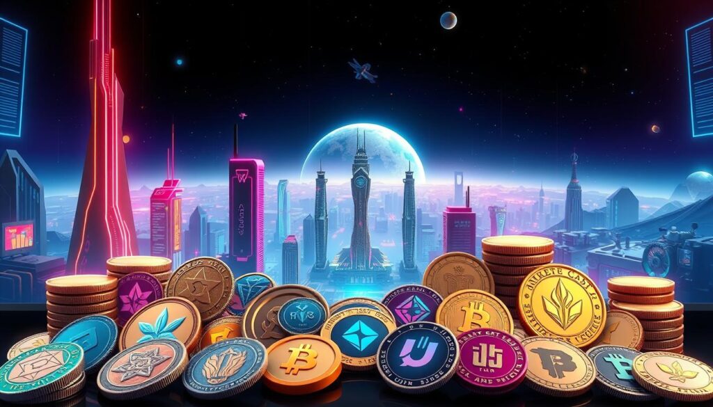 A detailed digital illustration showcasing a collection of in-game currencies and governance tokens. In the foreground, various digital coins and tokens are arranged in an organized display, each with its own unique design and iconography. The middle ground features a futuristic, neon-lit cityscape with towering skyscrapers and holographic interfaces, hinting at the technological advancements that power these digital assets. In the background, a vast, starry sky with a celestial body in the distance, conveying the global, interconnected nature of the crypto-gaming ecosystem. The lighting is dramatic, with sharp contrasts and vibrant colors, creating a sense of energy and dynamism. The overall composition is balanced and visually striking, highlighting the importance and prominence of in-game currencies and governance tokens in the evolving play-to-earn crypto gaming landscape.