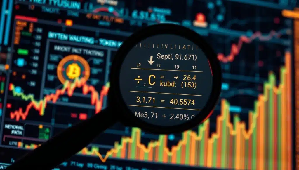 A detailed financial chart depicting the intricate relationship between cryptocurrency token valuation and its critical importance. Illuminated against a backdrop of neon-infused blockchain grids, the chart showcases precise data visualizations and complex algorithmic formulas. In the foreground, a magnifying glass highlights key metrics, emphasizing the need for meticulous analysis. Soft lighting casts an air of professional scrutiny, while the overall composition conveys the gravity and complexity of accurate token valuation in the dynamic world of AI-driven crypto gaming.