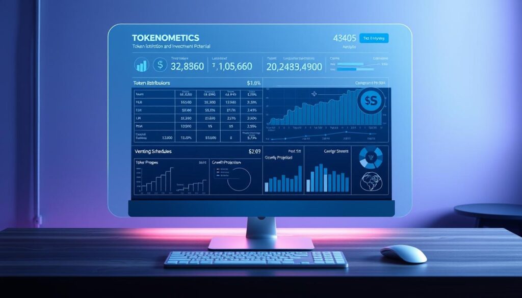 A detailed financial chart displaying tokenomics metrics and investment potential on a sleek, holographic interface. The chart hovers above a minimalist, industrial-style desktop, casting a soft, ambient glow. Subtle hues of blue and purple create a futuristic, data-driven atmosphere. Crisp, precise data visualizations and infographics present token distribution, liquidity, vesting schedules, and growth projections in an intuitive, easy-to-digest format. The scene is illuminated by indirect lighting, emphasizing the depth and dimensionality of the holographic display. An air of thoughtful analysis and strategic investment potential permeates the image.
