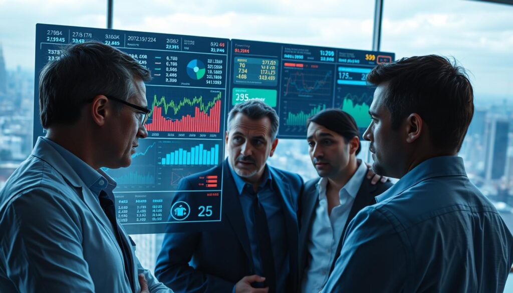 A detailed financial market analysis with a focus on investor sentiment. A large holographic dashboard displays real-time stock indexes, cryptocurrency charts, and data visualizations. In the foreground, a team of analysts intently study the interactive display, their expressions a mix of concentration and concern. The lighting is cool and clinical, reflecting the gravity of the situation. The background is a panoramic cityscape, conveying the global scale of the markets. The overall mood is one of intense scrutiny and decision-making, as the analysts work to understand the complex factors shaping the current investment landscape.