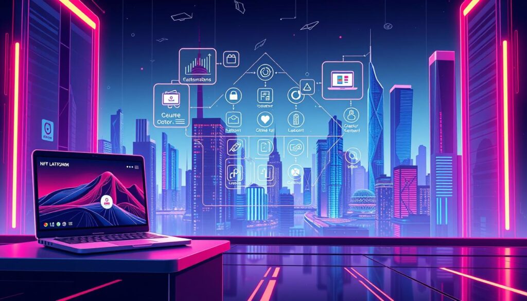 A detailed, futuristic digital illustration depicting the key platforms and benefits of an NFT photography digital art marketplace. In the foreground, showcased platforms are rendered with precision, each having a distinct visual identity and unique features. The middle ground features floating icons and infographics highlighting the core benefits, such as secure transactions, global reach, and creator empowerment. The background depicts a sleek, minimalist cityscape with a vibrant, neon-tinged color palette, conveying a sense of technological innovation and artistic expression. The composition is balanced, the lighting is dramatic yet refined, and the overall mood is one of excitement and opportunity within the world of NFT-based digital art.