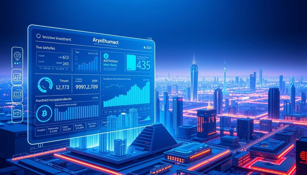 A detailed, futuristic digital illustration showcasing a personalized crypto investment program. In the foreground, a stylized, holographic user interface displays various cryptocurrency metrics, portfolio performance, and investment recommendations tailored to the individual. The middle ground features a 3D model of a cityscape with skyscrapers and cityscape, bathed in a cool, blue-tinted lighting. In the background, a panoramic view of a sleek, high-tech metropolis with hovering vehicles and glowing neon-like accents. The overall atmosphere is one of innovation, technology, and personalized financial empowerment.