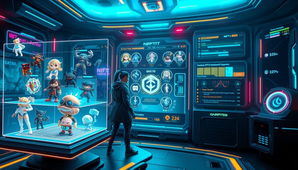 A detailed futuristic scene depicting the core concepts of NFT gaming. In the foreground, a variety of unique NFT characters and accessories float in a holographic display, showcasing their rarity and value. In the middle ground, a player's avatar interacts with these NFT items, leveling up and customizing their gear. The background features a high-tech gaming interface with data visualizations, progress bars, and upgradeable system components. Dramatic lighting casts an enigmatic glow, and the entire composition has a sleek, neon-infused aesthetic that captures the excitement and innovation of the emerging NFT gaming landscape.
