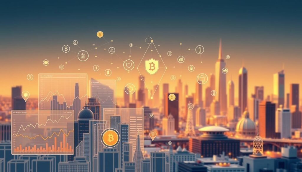 A detailed, high-definition illustration of a "crypto compliance overview" concept. The foreground depicts a cluster of financial data visualizations, including line graphs, pie charts, and dashboard-style interfaces. The middle ground showcases abstract geometric shapes and icons representing various cryptocurrency regulations, security protocols, and compliance frameworks. The background features a sophisticated cityscape with skyscrapers and infrastructure, bathed in a warm, golden hue to convey a sense of professionalism and authority. The overall scene should exude a tone of technological sophistication, regulatory oversight, and financial security, suitable for an introductory guide on AI-powered cryptocurrency compliance tools.