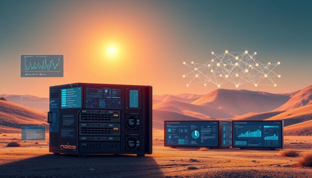 A detailed, high-resolution digital illustration showcasing the key features of top blockchain node providers. Positioned in the foreground, a secure, enterprise-grade node server with multiple high-performance GPUs, surrounded by dynamic data visualizations and network connectivity diagrams. In the middle ground, a cluster of virtual nodes with advanced monitoring and analytics dashboards. The background depicts a serene, minimalist landscape with a blockchain network topology in the distance, bathed in warm, directional lighting that emphasizes the technology's reliability and scalability. A detailed, high-resolution digital illustration showcasing the key features of top blockchain node providers. Positioned in the foreground, a secure, enterprise-grade node server with multiple high-performance GPUs, surrounded by dynamic data visualizations and network connectivity diagrams. In the middle ground, a cluster of virtual nodes with advanced monitoring and analytics dashboards. The background depicts a serene, minimalist landscape with a blockchain network topology in the distance, bathed in warm, directional lighting that emphasizes the technology's reliability and scalability.