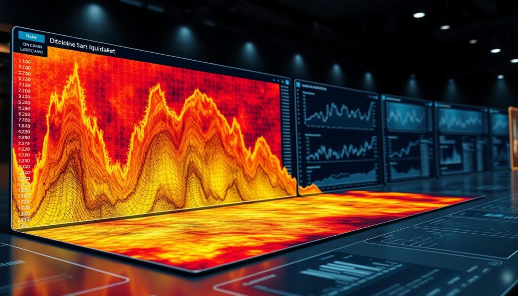 A detailed, high-resolution heatmap visualization showcasing the liquidation landscape of the Bitcoin market. The foreground features a vibrant, multicolored heatmap overlaid on a sleek, minimalist interface, providing a comprehensive view of on-chain liquidation data. The middle ground presents clean, data-driven charts and graphs, offering deep insights into the dynamics of Bitcoin liquidity. The background setting evokes a sense of technological sophistication, with a subtle interplay of light and shadow, creating a visually striking and informative image to complement the article's analysis of Bitcoin on-chain data and liquidation trends. A detailed, high-resolution heatmap visualization showcasing the liquidation landscape of the Bitcoin market. The foreground features a vibrant, multicolored heatmap overlaid on a sleek, minimalist interface, providing a comprehensive view of on-chain liquidation data. The middle ground presents clean, data-driven charts and graphs, offering deep insights into the dynamics of Bitcoin liquidity. The background setting evokes a sense of technological sophistication, with a subtle interplay of light and shadow, creating a visually striking and informative image to complement the article's analysis of Bitcoin on-chain data and liquidation trends.