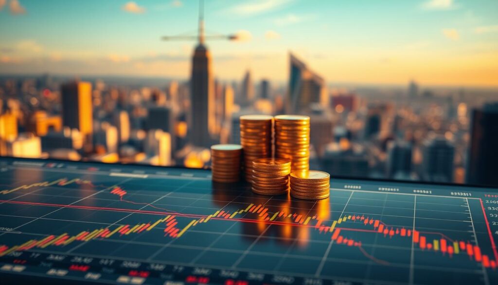 A detailed, high-resolution image of a financial trading chart, showcasing the critical interplay between leverage and liquidation zones. The chart occupies the foreground, rendered with precise data visualizations and technical annotations, illuminated by warm, directional lighting that casts subtle shadows. In the middle ground, a trio of stacks of gold coins represent the potential gains and losses associated with leverage trading, while the background depicts a cityscape skyline, symbolizing the broader economic context. The overall scene conveys the profound impact that leverage can have on a trader's liquidation risk, encouraging thoughtful risk management. A detailed, high-resolution image of a financial trading chart, showcasing the critical interplay between leverage and liquidation zones. The chart occupies the foreground, rendered with precise data visualizations and technical annotations, illuminated by warm, directional lighting that casts subtle shadows. In the middle ground, a trio of stacks of gold coins represent the potential gains and losses associated with leverage trading, while the background depicts a cityscape skyline, symbolizing the broader economic context. The overall scene conveys the profound impact that leverage can have on a trader's liquidation risk, encouraging thoughtful risk management.
