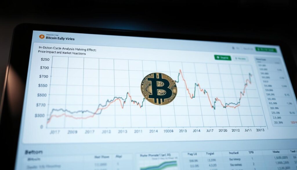 A detailed historical price chart of Bitcoin, depicting its performance after each halving event. The chart is displayed against a backdrop of a sleek, minimalist financial dashboard, with a clean and professional aesthetic. The chart itself is meticulously rendered, showcasing the distinct price movements and patterns associated with Bitcoin's cyclical behavior following the halving cycles. The lighting is soft and directional, creating depth and emphasizing the clarity of the data visualization. The overall atmosphere conveys a sense of analytical rigor and insightful market analysis, perfectly suited to illustrate the "In-Depth Bitcoin Cycle Analysis Halving Effect: Price Impact and Market Reactions" section of the article. A detailed historical price chart of Bitcoin, depicting its performance after each halving event. The chart is displayed against a backdrop of a sleek, minimalist financial dashboard, with a clean and professional aesthetic. The chart itself is meticulously rendered, showcasing the distinct price movements and patterns associated with Bitcoin's cyclical behavior following the halving cycles. The lighting is soft and directional, creating depth and emphasizing the clarity of the data visualization. The overall atmosphere conveys a sense of analytical rigor and insightful market analysis, perfectly suited to illustrate the "In-Depth Bitcoin Cycle Analysis Halving Effect: Price Impact and Market Reactions" section of the article.