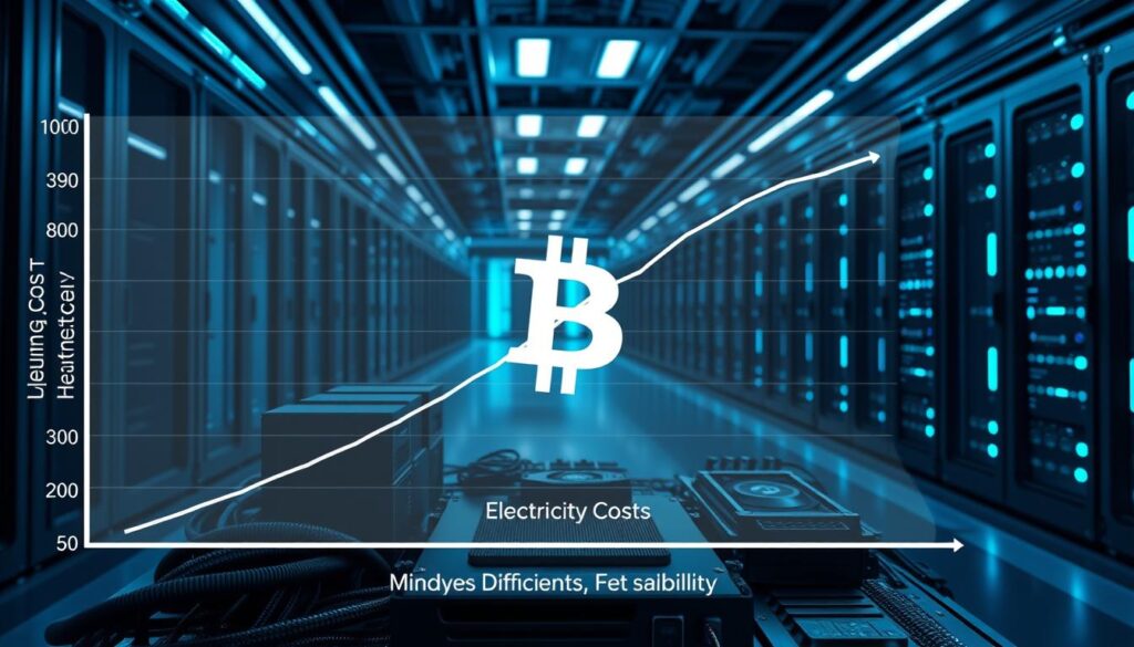 A detailed, hyper-realistic rendering of the key factors affecting bitcoin mining profitability. In the foreground, a clear graph or chart displaying the relationships between electricity costs, hardware efficiency, network difficulty, and mining rewards. In the middle ground, a mining rig setup with high-end GPU rigs and cooling systems. In the background, a futuristic data center with rows of server racks and glowing blue LED lights, conveying the industrial scale of modern crypto mining operations. The image should have a sleek, high-tech aesthetic with cool, muted tones and dramatic shadows, emphasizing the technical complexity and financial stakes involved in profitable bitcoin mining.