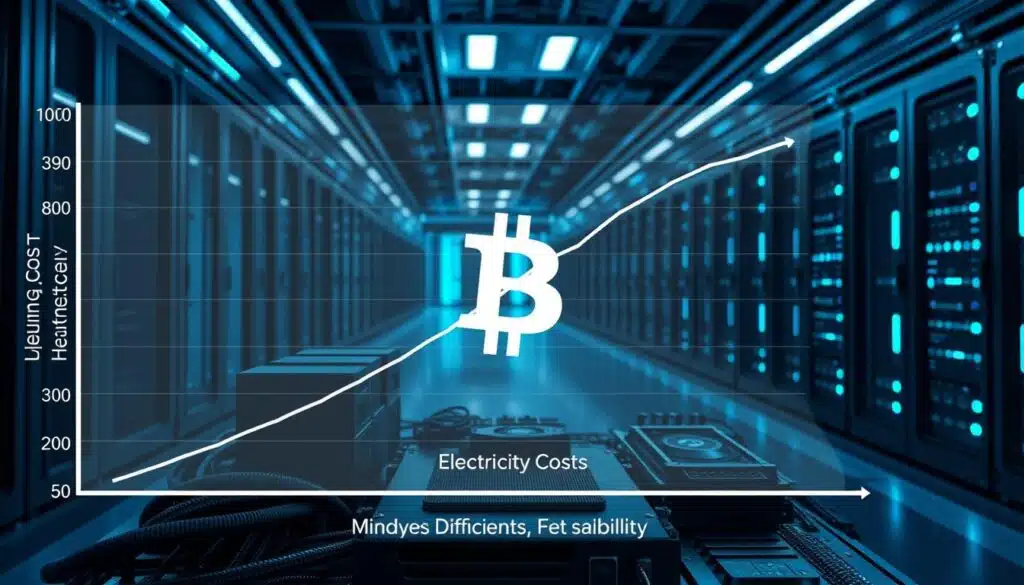 A detailed, hyper-realistic rendering of the key factors affecting bitcoin mining profitability. In the foreground, a clear graph or chart displaying the relationships between electricity costs, hardware efficiency, network difficulty, and mining rewards. In the middle ground, a mining rig setup with high-end GPU rigs and cooling systems. In the background, a futuristic data center with rows of server racks and glowing blue LED lights, conveying the industrial scale of modern crypto mining operations. The image should have a sleek, high-tech aesthetic with cool, muted tones and dramatic shadows, emphasizing the technical complexity and financial stakes involved in profitable bitcoin mining.