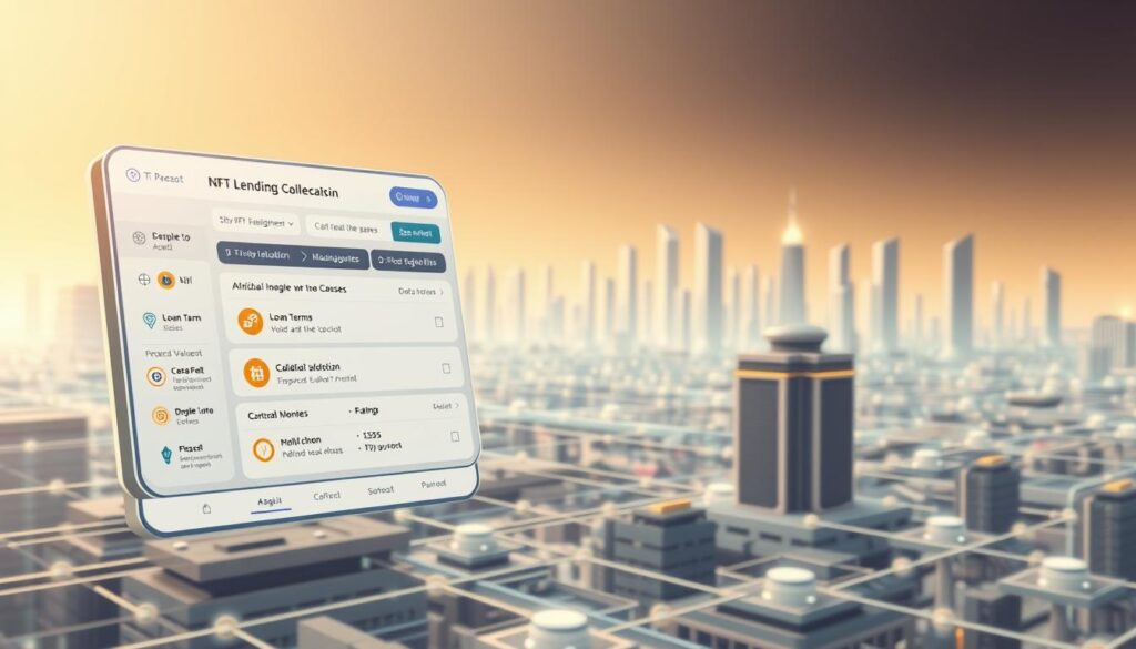 A detailed illustration of a modern NFT lending collateral borrowing protocol. In the foreground, a 3D rendered digital wallet interface showcases the key features - asset selection, collateral valuation, loan terms, and approval process. The middle ground depicts a futuristic blockchain network, with stylized nodes and cryptographic elements. In the background, a cityscape of skyscrapers and data centers, symbolizing the integration of traditional finance and decentralized finance. Soft, warm lighting creates a sense of technological sophistication, while a muted color palette conveys the complexity and precision of the protocol. The overall scene captures the synergy between digital assets, financial services, and cutting-edge blockchain technology. A detailed illustration of a modern NFT lending collateral borrowing protocol. In the foreground, a 3D rendered digital wallet interface showcases the key features - asset selection, collateral valuation, loan terms, and approval process. The middle ground depicts a futuristic blockchain network, with stylized nodes and cryptographic elements. In the background, a cityscape of skyscrapers and data centers, symbolizing the integration of traditional finance and decentralized finance. Soft, warm lighting creates a sense of technological sophistication, while a muted color palette conveys the complexity and precision of the protocol. The overall scene captures the synergy between digital assets, financial services, and cutting-edge blockchain technology.