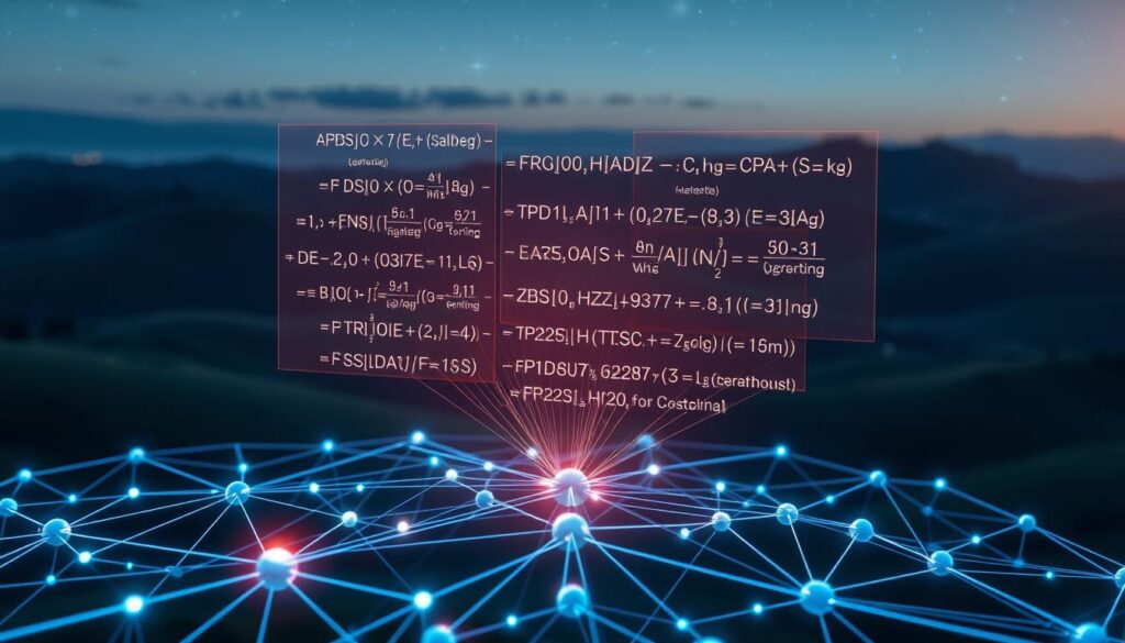 A detailed illustration of blockchain consensus mechanisms, showcasing the intricate cryptographic techniques that ensure data integrity. In the foreground, a network of nodes interconnected by glowing digital pathways, representing the decentralized infrastructure. The middle ground features complex mathematical equations and hashing algorithms, visualized as holographic projections, demonstrating the computational processes that validate transactions. In the background, a serene landscape of rolling hills and a starry night sky, symbolizing the trust and security inherent in the blockchain system. The scene is illuminated by a soft, diffused light, creating a sense of technological elegance and sophistication.