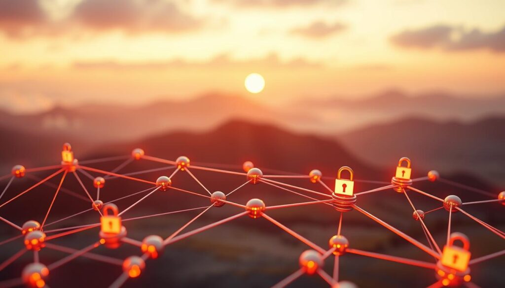 A detailed illustration of blockchain security best practices. In the foreground, a secure network of interconnected nodes, each representing a secure and validated transaction. Behind them, a blockchain ledger with intricate cryptographic seals, symbolizing the tamper-proof nature of the data. In the background, a serene, minimalist landscape bathed in a warm, diffused lighting, conveying a sense of trust and reliability. The overall composition emphasizes the robust, trustworthy, and cutting-edge nature of blockchain technology in a clean, modern aesthetic.