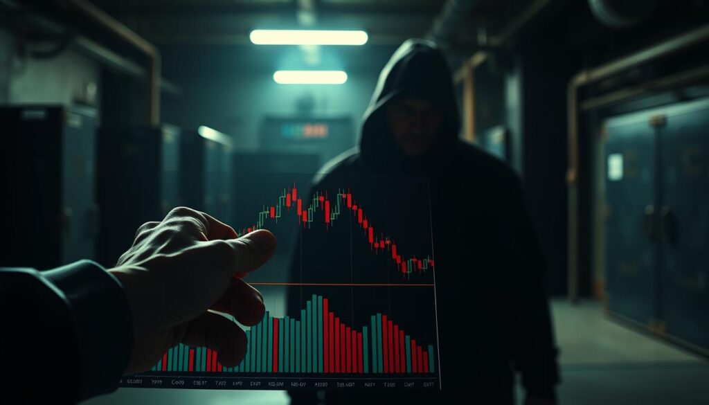 A detailed illustration of crypto market manipulation tactics to avoid, captured through a cinematic lens. In the foreground, a hand manipulating a cryptocurrency trading chart, highlighted by dramatic chiaroscuro lighting. In the middle ground, a shadowy figure observing the chart, their face obscured. The background depicts a dimly lit, industrial-style setting, conveying an atmosphere of unease and illicit activity. The composition emphasizes the tension and deception inherent in such manipulative practices, serving as a cautionary visual for the article's readers.