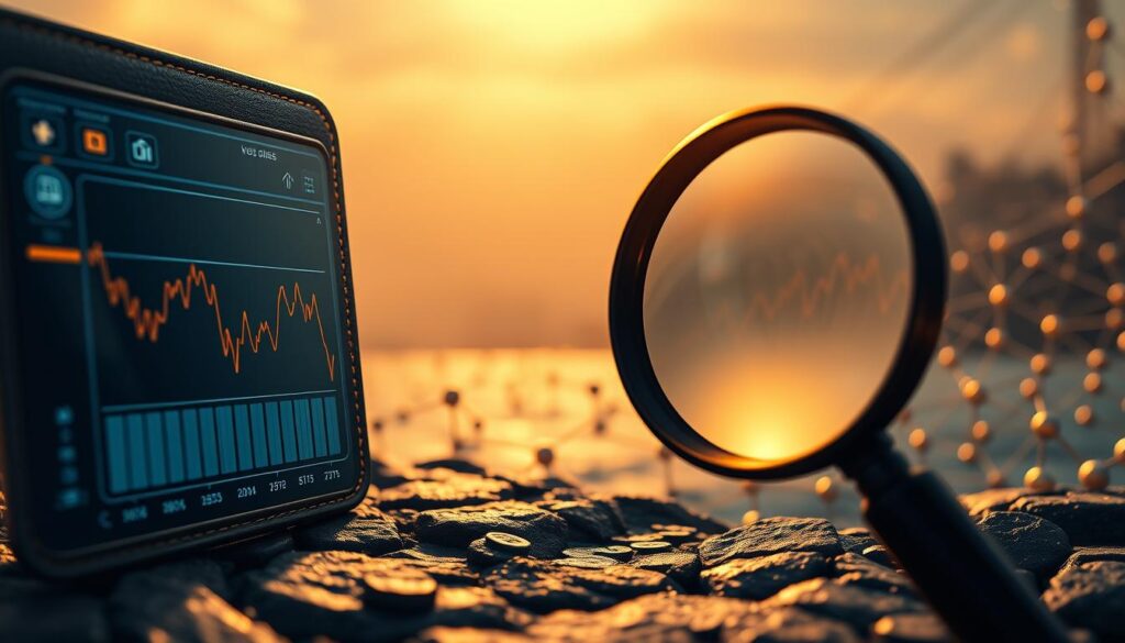 A detailed illustration of impermanent loss risk management. In the foreground, a digital wallet interface displays fluctuating token balances, signaling potential impermanent loss. In the middle ground, a magnifying glass examines the liquidity pool, highlighting the dynamics of asset price divergence. In the background, a serene landscape of blockchain nodes and distributed ledgers, conveying the complex, ever-changing nature of decentralized finance. Warm lighting casts a contemplative mood, while a shallow depth of field emphasizes the focus on the risk assessment process. The overall scene reflects the careful consideration required to mitigate the impact of impermanent loss and maintain optimal earnings from liquidity provision. A detailed illustration of impermanent loss risk management. In the foreground, a digital wallet interface displays fluctuating token balances, signaling potential impermanent loss. In the middle ground, a magnifying glass examines the liquidity pool, highlighting the dynamics of asset price divergence. In the background, a serene landscape of blockchain nodes and distributed ledgers, conveying the complex, ever-changing nature of decentralized finance. Warm lighting casts a contemplative mood, while a shallow depth of field emphasizes the focus on the risk assessment process. The overall scene reflects the careful consideration required to mitigate the impact of impermanent loss and maintain optimal earnings from liquidity provision.