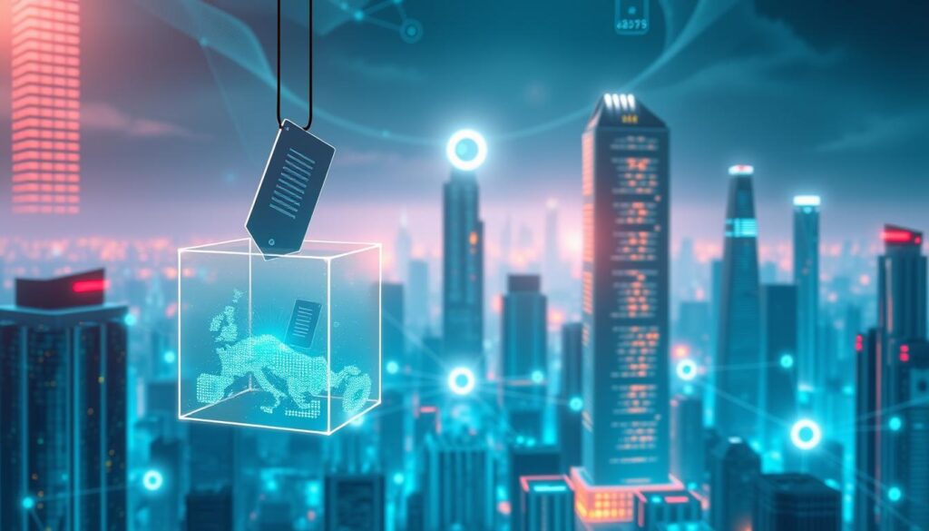 A detailed illustration of on-chain governance mechanisms. In the foreground, a transparent ballot box floats, its contents glowing with digital information. In the middle ground, a network of interconnected nodes representing the decentralized decision-making process. The background depicts a cityscape of futuristic skyscrapers, hinting at the broader ecosystem where these governance systems operate. The scene is illuminated by a cool, cyberpunk-inspired lighting, creating an atmosphere of technological sophistication and transparency. The overall composition conveys the idea of a secure, decentralized, and community-driven governance framework.
