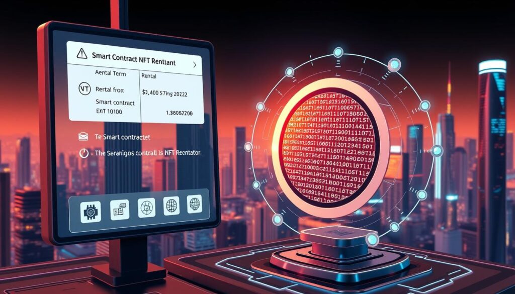 A detailed illustration of smart contract-based NFT rental transactions. In the foreground, a digital display showcases a rental agreement being executed, with icons representing the rental terms and cryptocurrency payments. The middle ground depicts a stylized 3D model of an NFT, rotating and reflecting the complex smart contract code. In the background, a futuristic cityscape with skyscrapers and holographic interfaces creates a visually compelling, high-tech atmosphere. Lighting is crisp and directional, with a mix of warm and cool tones to evoke a sense of technological sophistication. The camera angle is slightly elevated, providing an authoritative and informative perspective on the fundamentals of NFT rentals. A detailed illustration of smart contract-based NFT rental transactions. In the foreground, a digital display showcases a rental agreement being executed, with icons representing the rental terms and cryptocurrency payments. The middle ground depicts a stylized 3D model of an NFT, rotating and reflecting the complex smart contract code. In the background, a futuristic cityscape with skyscrapers and holographic interfaces creates a visually compelling, high-tech atmosphere. Lighting is crisp and directional, with a mix of warm and cool tones to evoke a sense of technological sophistication. The camera angle is slightly elevated, providing an authoritative and informative perspective on the fundamentals of NFT rentals.