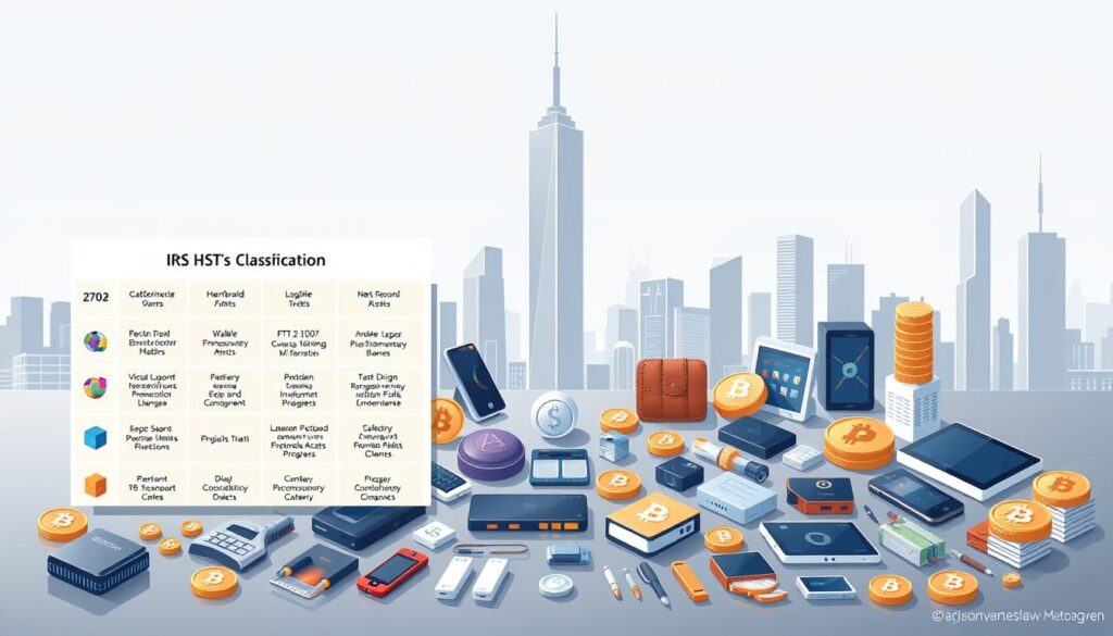 A detailed illustration of the IRS classification of digital assets, showcasing various types of cryptocurrencies, NFTs, and other digital investments. The foreground features a bold, modern infographic displaying the IRS's categorization of these assets, with clear visual cues and iconography. The middle ground shows a diverse array of digital wallets, hardware devices, and trading platforms, representing the ecosystem of digital asset management. The background presents a sleek, minimalist cityscape, hinting at the technological and financial landscape in which these digital assets operate. The lighting is crisp and clean, with a balanced, professional tone that enhances the informative nature of the image. A detailed illustration of the IRS classification of digital assets, showcasing various types of cryptocurrencies, NFTs, and other digital investments. The foreground features a bold, modern infographic displaying the IRS's categorization of these assets, with clear visual cues and iconography. The middle ground shows a diverse array of digital wallets, hardware devices, and trading platforms, representing the ecosystem of digital asset management. The background presents a sleek, minimalist cityscape, hinting at the technological and financial landscape in which these digital assets operate. The lighting is crisp and clean, with a balanced, professional tone that enhances the informative nature of the image.