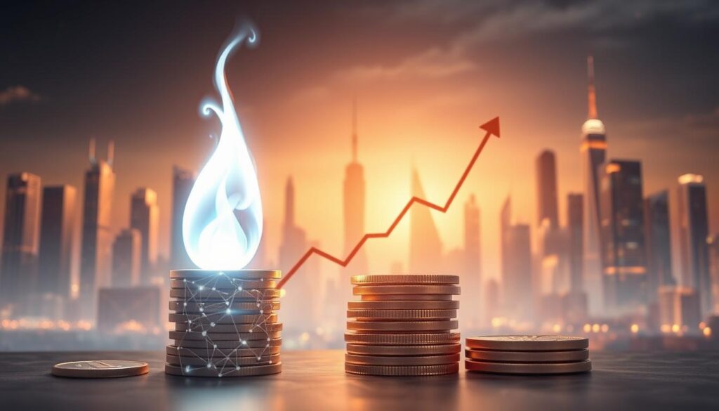 A detailed illustration of the benefits of token burning and creating scarcity in the cryptocurrency ecosystem. The foreground depicts a stack of digital tokens being consumed by a bright, ethereal flame, symbolizing the deflationary supply mechanism. The middle ground showcases a graph charting the value appreciation of the token as a result of the reduced supply. In the background, a cityscape of skyscrapers and blockchain-inspired architectural elements creates a futuristic, technologically-advanced atmosphere. Soft, warm lighting illuminates the scene, conveying a sense of progress and prosperity. The overall composition emphasizes the positive impact of token burning on cryptocurrency value and scarcity.