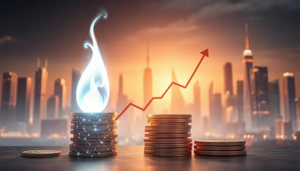 A detailed illustration of the benefits of token burning and creating scarcity in the cryptocurrency ecosystem. The foreground depicts a stack of digital tokens being consumed by a bright, ethereal flame, symbolizing the deflationary supply mechanism. The middle ground showcases a graph charting the value appreciation of the token as a result of the reduced supply. In the background, a cityscape of skyscrapers and blockchain-inspired architectural elements creates a futuristic, technologically-advanced atmosphere. Soft, warm lighting illuminates the scene, conveying a sense of progress and prosperity. The overall composition emphasizes the positive impact of token burning on cryptocurrency value and scarcity.