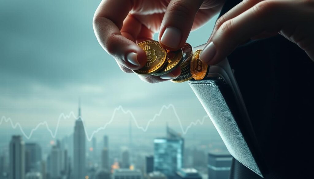 A detailed illustration of the dollar-cost averaging trading strategy in a crypto market correction setting. In the foreground, a person's hand meticulously places cryptocurrency coins into a digital wallet, symbolizing the regular, consistent investments. The middle ground depicts a line graph with price fluctuations, showcasing the gradual accumulation of assets through the market dip. In the background, a cityscape with skyscrapers and digital interfaces conveys the technological nature of the crypto market. The lighting is soft and diffused, creating a pensive, contemplative atmosphere, inviting the viewer to consider the long-term potential of this investment approach during market corrections.