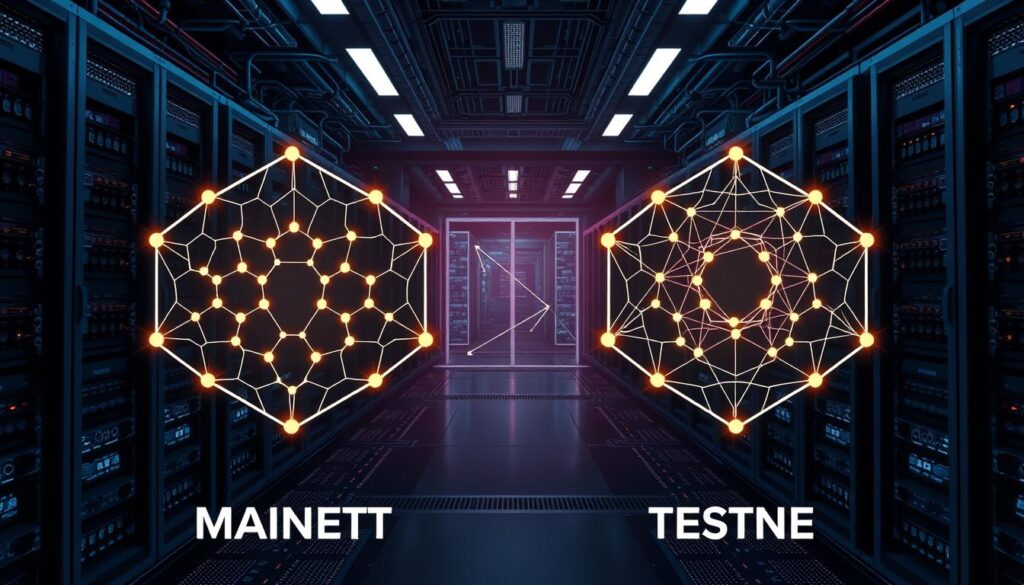A detailed illustration of the fundamental differences between blockchain mainnet and testnet networks. In the foreground, two interconnected hexagonal grids represent the mainnet and testnet, with distinct color schemes and network topologies. The mainnet grid is solid and robust, while the testnet grid appears more fluid and experimental. In the middle ground, subtle data visualizations and transaction flows depict the real-world stakes and security protocols of the mainnet versus the testnet's sandbox environment. In the background, a sleek, technical landscape of server racks, cables, and glowing circuits creates a sense of the underlying infrastructure powering these blockchain networks. The overall mood is one of technical sophistication, highlighting the critical role of mainnets and testnets in the blockchain ecosystem.