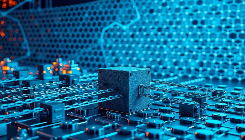 A detailed illustration of the types of sharding in blockchain networks. In the foreground, a central block with multiple parallel chains branching out, representing horizontal scaling through sharding. In the middle ground, varied blockchain nodes and network infrastructure, each shard with its own validators and consensus mechanisms. In the background, a matrix of interlocking hexagons, symbolizing the distributed and interconnected nature of the sharded blockchain. The scene is illuminated by a cool, blue-hued lighting, creating a sense of technological sophistication. Captured with a wide-angle lens to emphasize the expansive and complex nature of blockchain sharding. A detailed illustration of the types of sharding in blockchain networks. In the foreground, a central block with multiple parallel chains branching out, representing horizontal scaling through sharding. In the middle ground, varied blockchain nodes and network infrastructure, each shard with its own validators and consensus mechanisms. In the background, a matrix of interlocking hexagons, symbolizing the distributed and interconnected nature of the sharded blockchain. The scene is illuminated by a cool, blue-hued lighting, creating a sense of technological sophistication. Captured with a wide-angle lens to emphasize the expansive and complex nature of blockchain sharding.