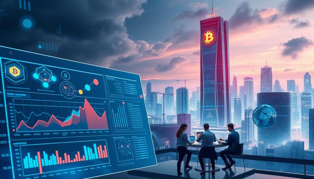 A detailed illustration of token distribution strategies, showcased against a backdrop of a futuristic, data-driven cityscape. In the foreground, a sophisticated data visualization dashboard displays various token allocation models, represented by vibrant geometric shapes and dynamic flow charts. The middle ground features a team of analysts poring over analytical reports, surrounded by holographic interfaces and floating data streams. In the distance, a towering skyscraper emblazoned with the cryptocurrency logo serves as the focal point, its sleek design and LED-illuminated facade conveying a sense of innovation and technological prowess. The overall mood is one of precision, complexity, and strategic decision-making, perfectly capturing the essence of the "Strategies for Token Distribution and Allocation" section.