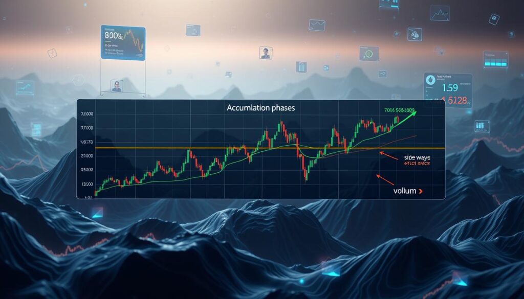 A detailed illustration of volume and price consolidation patterns in the crypto market. A central chart displays a series of accumulation phases, highlighted by sideways trading, narrow price ranges, and increasing trading volume. The background features a futuristic digital landscape, with data visualizations and financial indicators floating in the air. The scene is illuminated by a soft, ambient lighting, creating a contemplative and analytical atmosphere. The overall composition emphasizes the importance of identifying these patterns to understand the crypto market's behavior during the accumulation phase.