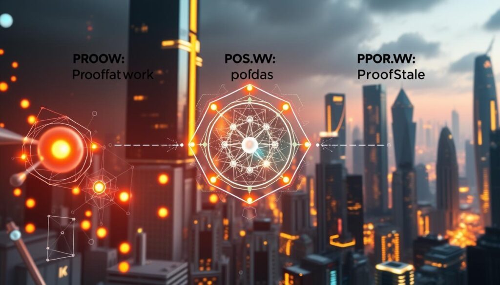 A detailed illustration showcasing the key blockchain consensus algorithms - Proof of Work (PoW), Proof of Stake (PoS), and Proof of Delegated Stake (PoDaS). In the foreground, abstract representations of miners, validators, and delegates engaged in the consensus process, with glowing orbs and geometric shapes symbolizing the cryptographic mechanisms at play. In the middle ground, a holographic display depicting the underlying blockchain network, with nodes and transactions visualized. The background features a futuristic cityscape with towering skyscrapers and glowing neon lights, evoking the cutting-edge technology powering these decentralized consensus systems. Dramatic lighting, depth of field, and a cinematic camera angle combine to create a powerful, visually striking image.
