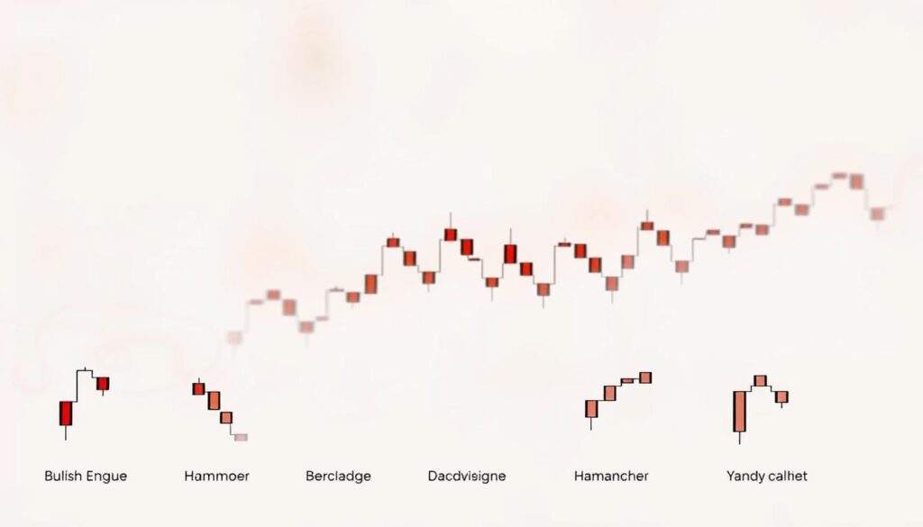 A detailed illustration showcasing various common candlestick patterns, rendered in a clean, minimalist style. The foreground features an array of classic candlestick formations, including the bullish engulfing, bearish engulfing, hammer, and inverted hammer, depicted with precise lines and subtle shading. The middle ground showcases a simplified candlestick chart, providing context and emphasizing the importance of these patterns in technical analysis. The background is a softly blurred, neutral color palette, allowing the candlestick elements to stand out clearly. The overall composition is balanced, with a focus on highlighting the key patterns in a visually appealing and informative manner. A detailed illustration showcasing various common candlestick patterns, rendered in a clean, minimalist style. The foreground features an array of classic candlestick formations, including the bullish engulfing, bearish engulfing, hammer, and inverted hammer, depicted with precise lines and subtle shading. The middle ground showcases a simplified candlestick chart, providing context and emphasizing the importance of these patterns in technical analysis. The background is a softly blurred, neutral color palette, allowing the candlestick elements to stand out clearly. The overall composition is balanced, with a focus on highlighting the key patterns in a visually appealing and informative manner.