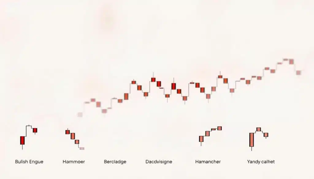 A detailed illustration showcasing various common candlestick patterns, rendered in a clean, minimalist style. The foreground features an array of classic candlestick formations, including the bullish engulfing, bearish engulfing, hammer, and inverted hammer, depicted with precise lines and subtle shading. The middle ground showcases a simplified candlestick chart, providing context and emphasizing the importance of these patterns in technical analysis. The background is a softly blurred, neutral color palette, allowing the candlestick elements to stand out clearly. The overall composition is balanced, with a focus on highlighting the key patterns in a visually appealing and informative manner.