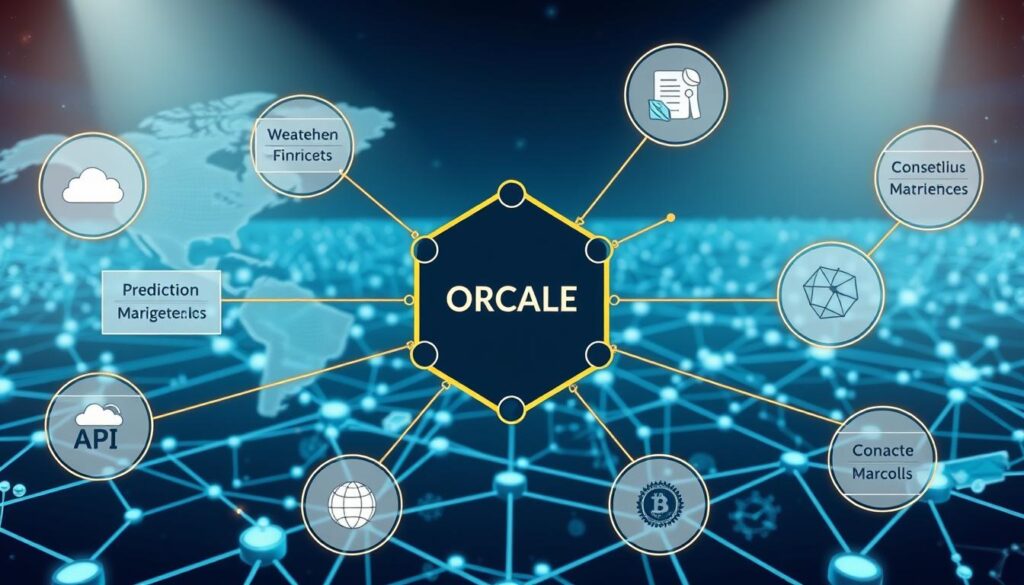 A detailed illustration showcasing various types of blockchain oracles, depicted in a technical, informative style. In the foreground, a central oracle node is prominently displayed, surrounded by interconnected nodes representing different oracle types, such as API oracles, prediction market oracles, and consensus-based oracles. The middle ground features data feeds from real-world sources like weather, financial markets, and IoT sensors, highlighting the diverse inputs that oracles can leverage. The background depicts a blockchain network landscape, with nodes, transactions, and the overall distributed architecture. The lighting is crisp, with a clean, futuristic aesthetic, emphasizing the technological nature of blockchain oracles and their role in bridging the digital and physical worlds. A detailed illustration showcasing various types of blockchain oracles, depicted in a technical, informative style. In the foreground, a central oracle node is prominently displayed, surrounded by interconnected nodes representing different oracle types, such as API oracles, prediction market oracles, and consensus-based oracles. The middle ground features data feeds from real-world sources like weather, financial markets, and IoT sensors, highlighting the diverse inputs that oracles can leverage. The background depicts a blockchain network landscape, with nodes, transactions, and the overall distributed architecture. The lighting is crisp, with a clean, futuristic aesthetic, emphasizing the technological nature of blockchain oracles and their role in bridging the digital and physical worlds.