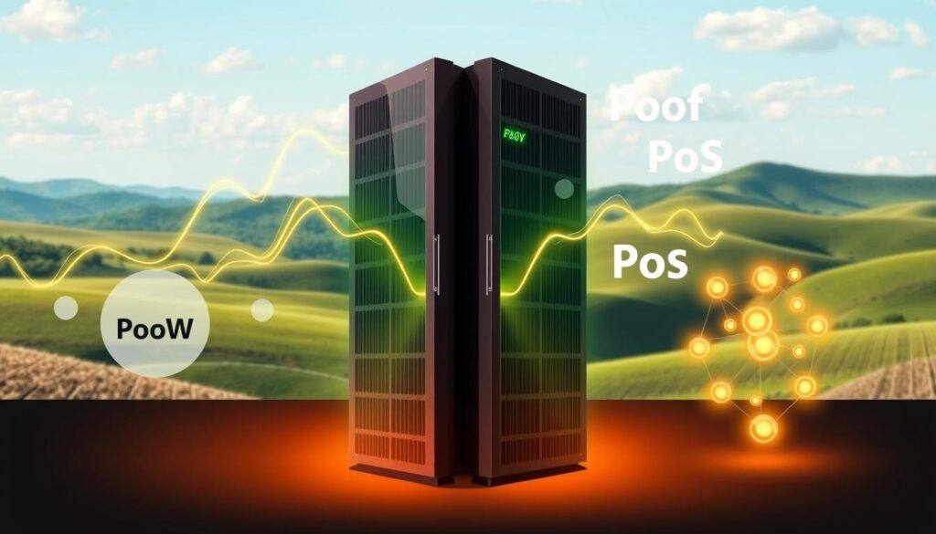 A detailed infographic comparing the energy consumption and environmental impact of Proof of Work and Proof of Stake blockchain consensus mechanisms. In the foreground, two stylized computer server racks stand in opposition, one emblazoned with a "PoW" label, the other with "PoS". Behind them, a dynamic visualization shows energy consumption levels, represented by glowing lines and pulsing nodes. In the background, a serene natural landscape with rolling hills and a clear sky serves as a contrast, symbolizing the environmental impact. The overall scene conveys a balanced, informative perspective on the technical and environmental trade-offs between the two consensus models.