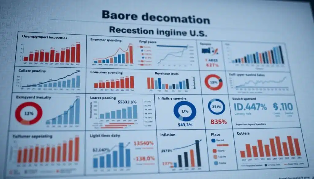 A detailed infographic depicting key U.S. recession indicators and economic data. The foreground showcases a grid of charts, graphs, and data visualizations highlighting metrics like GDP growth, unemployment rates, consumer spending, and inflation. The middle ground features a subtle textured background with muted hues, complementing the data-driven focus. The lighting is soft and diffused, creating a sense of analytical clarity. The overall composition is balanced and cohesive, guiding the viewer's attention to the important economic insights. The angle is a slightly elevated perspective, lending an authoritative, professional tone to the image.