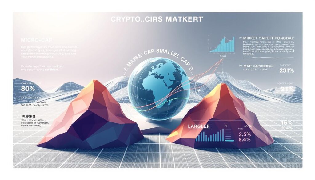 A detailed infographic depicting the different market cap categories in the cryptocurrency ecosystem. In the foreground, distinct sections showcase the characteristics and growth potential of micro-cap, small-cap, mid-cap, and large-cap cryptocurrencies, represented by intricate polygon shapes and gradients. The middle ground features a central globe-like structure, symbolizing the overall crypto market, with dynamic lines and data visualizations illustrating the relative market share and capitalization of each category. The background is a sleek, minimalist landscape with a subtle grid pattern, creating a sense of depth and technological sophistication. The lighting is soft and directional, emphasizing the clean, data-driven aesthetic. The overall composition aims to provide a comprehensive and visually engaging understanding of the cryptocurrency market cap landscape.