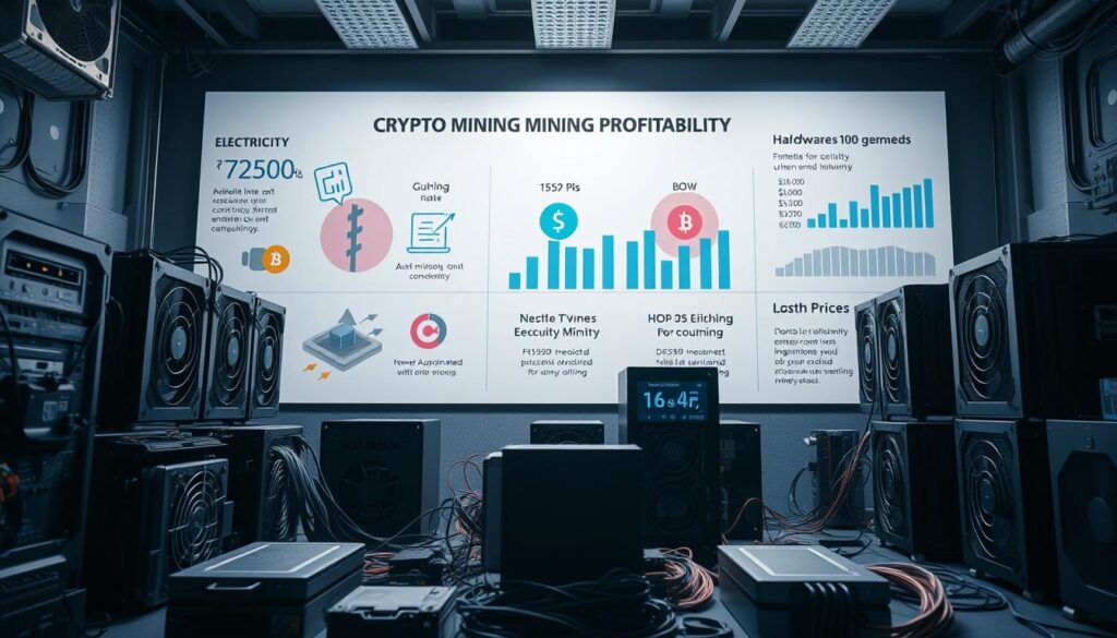 A detailed infographic depicting the key factors affecting crypto mining profitability. In the foreground, display a collection of mining rigs, hardware components, and power supply units. In the middle ground, present a visual breakdown of the primary cost drivers such as electricity rates, hardware efficiency, and token prices. In the background, incorporate data visualizations showcasing the relationship between these factors and overall mining revenue. Light the scene with a cool, technical tone using a combination of soft directional lighting and cinematic shadows. Capture the image from a slightly elevated perspective to convey a sense of comprehensive analysis.