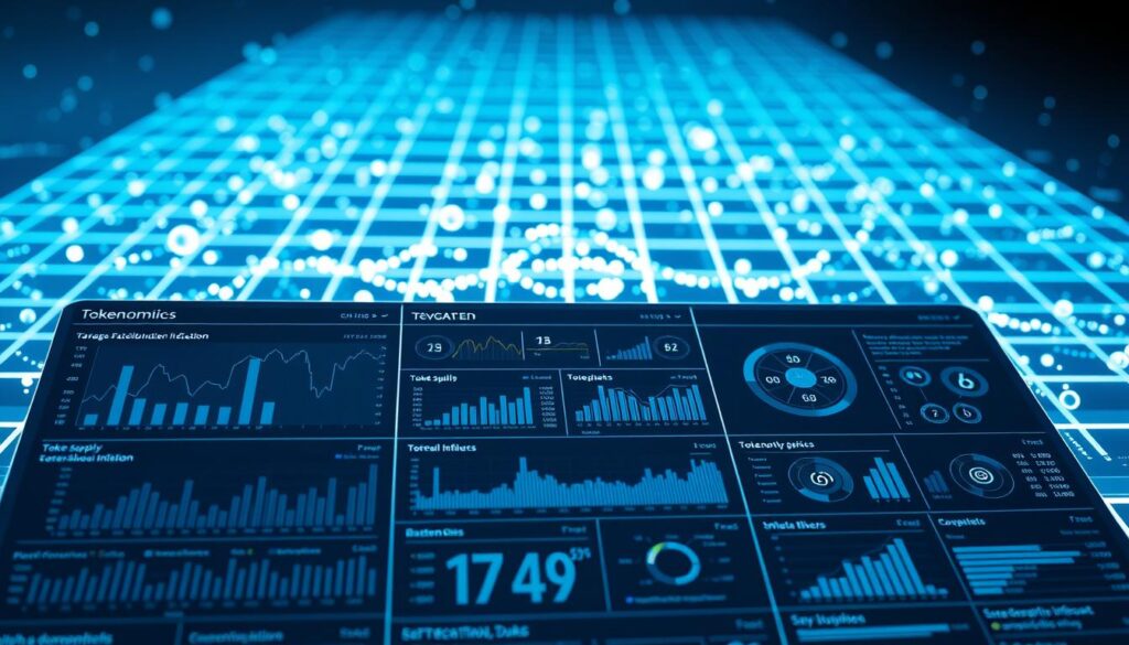 A detailed infographic showcasing a comprehensive tokenomics analysis. In the foreground, a grid of charts and data visualizations highlighting token supply, distribution, inflation, and other key financial metrics. In the middle ground, a sleek, futuristic interface displaying interactive dashboards and analytical tools. The background features a subtle, holographic grid representing the blockchain ecosystem, with soft, ambient lighting casting an authoritative, data-driven atmosphere. The overall composition conveys a sense of deep insight and strategic decision-making for the cryptocurrency project.