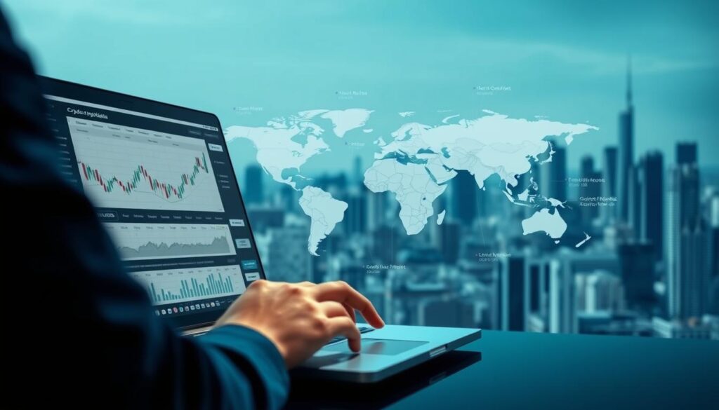 A detailed infographic showcasing a practical guide for using cryptocurrency market capitalization to make informed trading decisions. In the foreground, a trader's hands analyzing financial data on a laptop screen, with charts and graphs displayed. In the middle ground, a world map highlighting major crypto markets and their corresponding market caps. In the background, a minimalist cityscape with skyscrapers, conveying a sense of the global financial landscape. The lighting is crisp and clean, with a slight soft focus effect to draw the viewer's attention to the central elements. The overall mood is one of informed, data-driven decision making in the dynamic world of cryptocurrency trading.