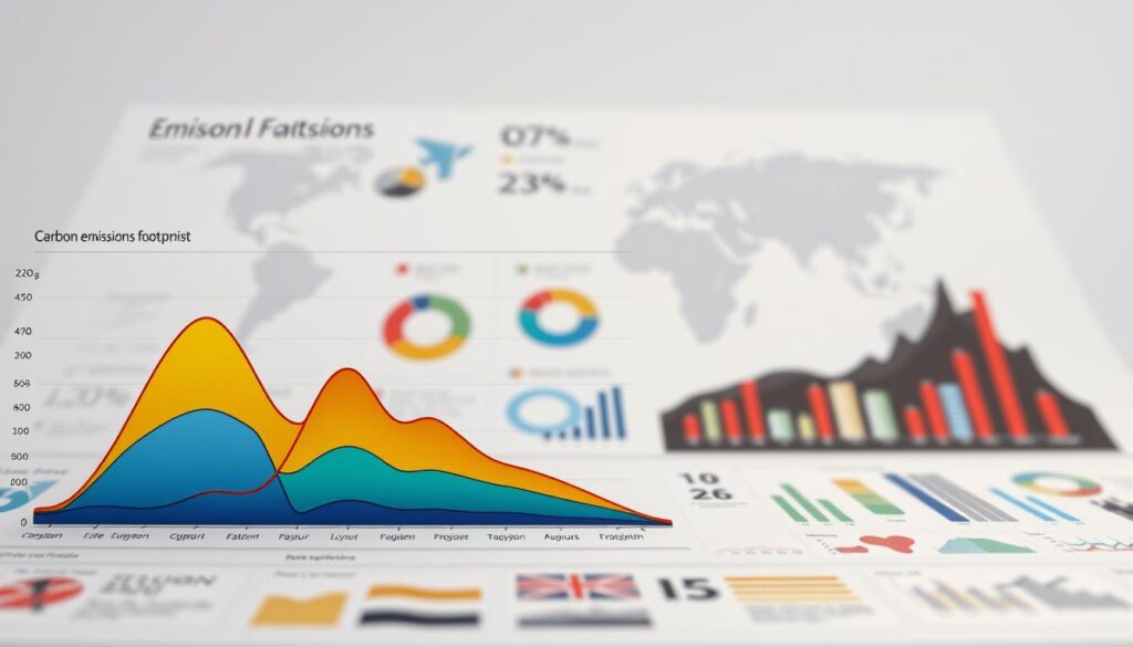 A detailed infographic showcasing the carbon emissions footprint analysis. In the foreground, a stylized graph displays CO2 output levels, with vibrant color gradients highlighting different emission sources. The middle ground features abstract data visualizations, such as pie charts and bar graphs, conveying the relative impact of various industries and activities. In the background, a subtle topographical map provides context, subtly depicting the global scale of the environmental challenge. The lighting is soft and diffused, creating a contemplative mood. The overall composition balances technical precision with a visually striking aesthetic, inviting the viewer to thoughtfully consider the complexities of the carbon emissions landscape.