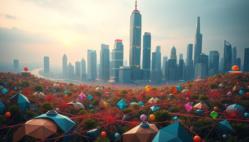 A detailed landscape depicting the inner workings of DeFi yield farming strategies. In the foreground, a complex array of colorful liquidity pools, each represented by distinct geometric shapes and patterns. In the middle ground, various DeFi protocols and platforms interlace, creating a dynamic web of interconnected financial instruments. The background features a towering, futuristic cityscape, its skyscrapers adorned with holographic displays and neon accents, symbolizing the technological advancements driving the DeFi ecosystem. Soft, diffused lighting casts a warm, inviting glow over the scene, evoking a sense of innovation and potential. The overall composition conveys the depth, complexity, and vast opportunities inherent in DeFi yield farming strategies.