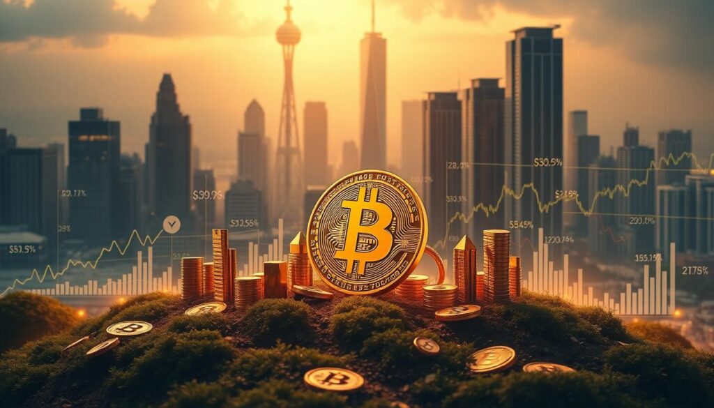 A detailed landscape depicting the key factors influencing Bitcoin's dominance in the cryptocurrency market. In the foreground, a large Bitcoin icon representing the leading cryptocurrency, surrounded by smaller icons for altcoins, forks, and other digital assets. In the middle ground, various economic indicators such as market capitalization, trading volume, and investor sentiment visualized through charts and graphs. The background features a cityscape with towering skyscrapers, symbolizing the global financial system and its interconnectedness with the crypto ecosystem. The scene is illuminated by warm, diffused lighting, creating a sense of depth and atmosphere. The overall composition conveys the complex, multifaceted nature of Bitcoin's dominance and its impact on the broader cryptocurrency landscape.